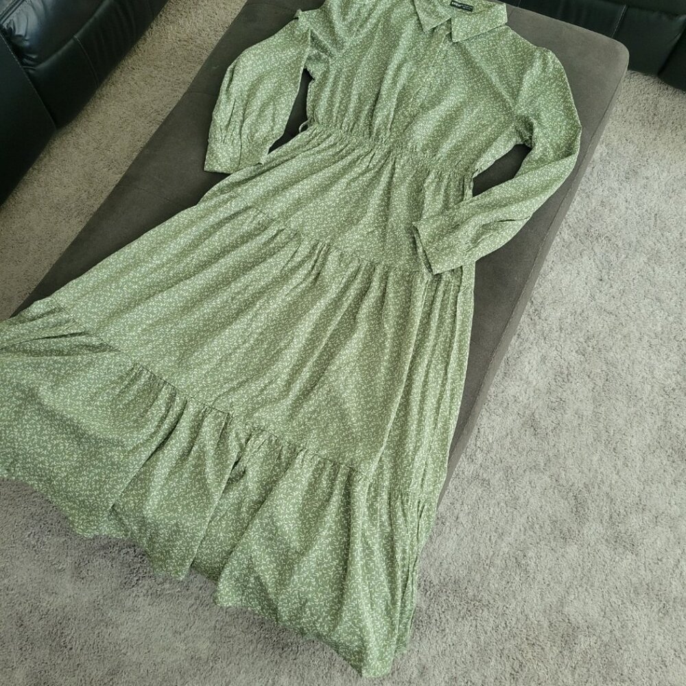 Shein Long Sleeve Maxi Dress Prairie Tiers Belt Green Floral sz L US 8/10 Cute - Picture 11 of 11
